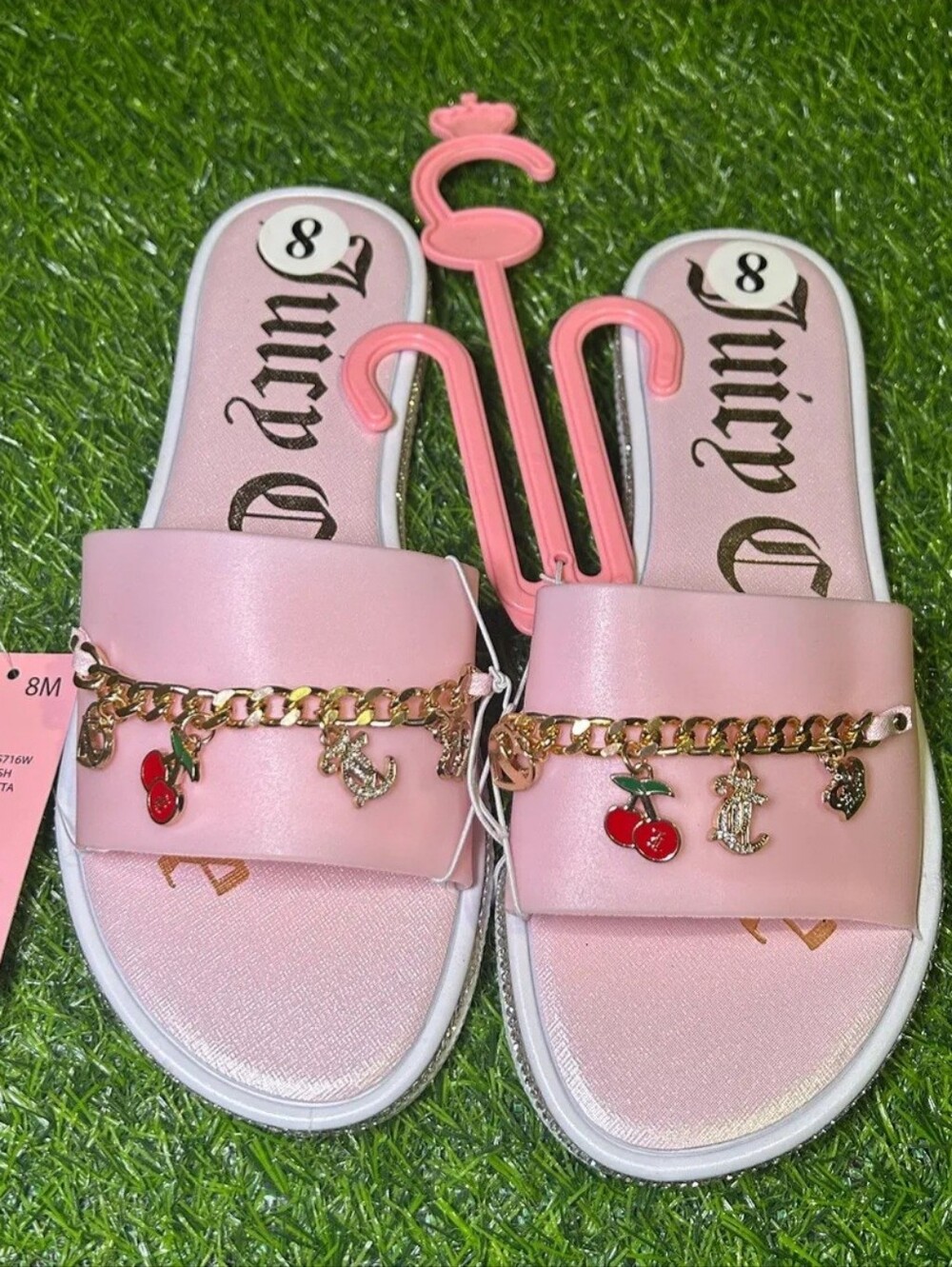 New Juicy Couture Pink Slide Sandals with Gold Charm Size 8